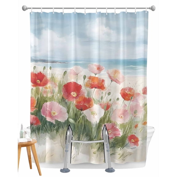 Split Shower Curtain for Transfer Bench,Coastal Beach Floral Shower Curtains for Bathroom,Spring Summer Oil Painting Ocean Wave Flower Tub Sliding Transfer Bench Waterproof Bath Curtains 72"x96"