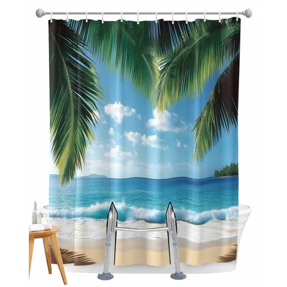 Split Shower Curtain for Transfer Bench, Coastal Ocean Fabric Shower Curtains for Bathroom, Sandy Beach Coconut Tree Blue Sky Scenery Tub Sliding Transfer Bench Waterproof Bath Curtains 72"x72"