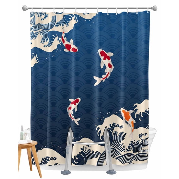 Split Shower Curtain for Transfer Bench, Coastal Wave Fabric Shower Curtains for Bathroom, Japanese Style Ocean Fish Blue Tub Sliding Transfer Bench Waterproof Bath Curtains 72"x96"