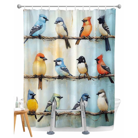 Split Shower Curtain for Transfer Bench, Colorful Birds Oil Painting Fabric Shower Curtains for Bathroom, Retro Spring Birds Animals Tub Sliding Transfer Bench Waterproof Bath Curtains 72"x72"