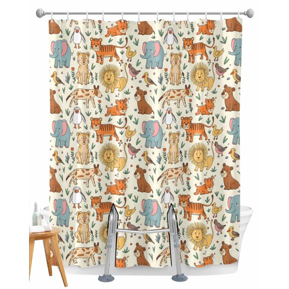 Split Shower Curtain for Transfer Bench, Cute Animals Zoo Fabric Shower Curtains for Bathroom, Cartoon Funny Elephant Tiger Tub Sliding Transfer Bench Waterproof Bath Curtains 72"x72"