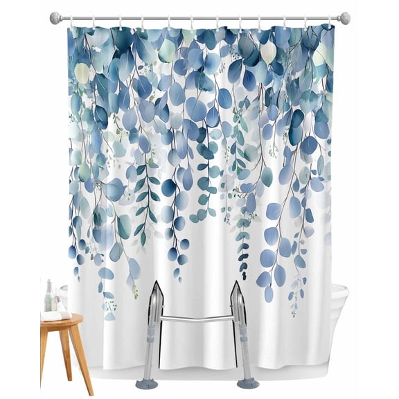 Split Shower Curtain for Transfer Bench, Eucalyptus Blue Fabric Shower Curtains for Bathroom, Farmhouse Leaves Summer Spring Tub Sliding Transfer Bench Waterproof Bath Curtains 72"x72"