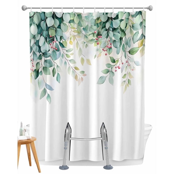 Split Shower Curtain for Transfer Bench, Eucalyptus Fabric Shower Curtains for Bathroom, Leaf Branch Nature Fruit Spring Summer Tub Sliding Transfer Bench Waterproof Bath Curtains 72"x72"