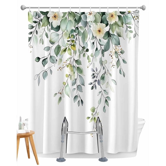 Split Shower Curtain for Transfer Bench, Eucalyptus Leaf Fabric Shower Curtains for Bathroom, Weeping Botanical Summer Flowers Tub Sliding Transfer Bench Waterproof Bath Curtains 72"x78"