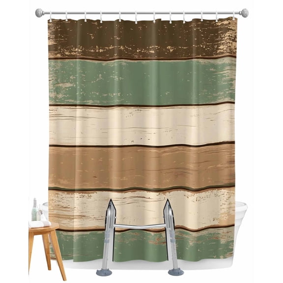 Split Shower Curtain for Transfer Bench, Farmhouse Sage Green Brown Fabric Shower Curtains for Bathroom, Country Vintage Wooden Tub Sliding Transfer Bench Waterproof Bath Curtains 72"x72"