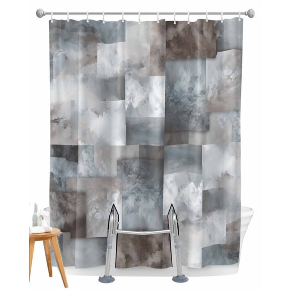 Split Shower Curtain for Transfer Bench, Gray Geometric Fabric Shower Curtains for Bathroom, Modern Abstract Art Block Tub Sliding Transfer Bench Waterproof Bath Curtains 72"x96"