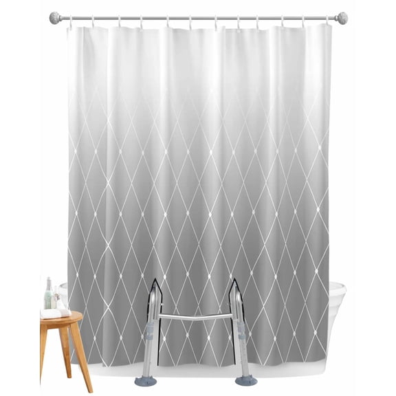 Split Shower Curtain for Transfer Bench, Gray Ombre Fabric Shower Curtains for Bathroom, Modern Geometric Abstract Rhombus Striped Tub Sliding Transfer Bench Waterproof Bath Curtains 72"x96"