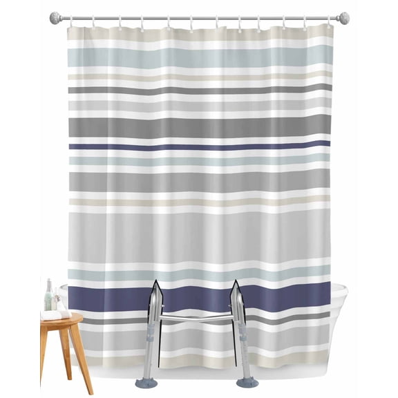 Split Shower Curtain for Transfer Bench, Gray Stripe Fabric Shower Curtains for Bathroom, Modern Abstract Art Navy Blue Striped Rustic Tub Sliding Transfer Bench Waterproof Bath Curtains 72"x96"