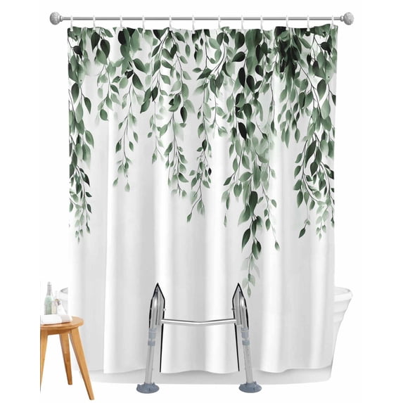 Split Shower Curtain for Transfer Bench, Green Eucalyptus Fabric Shower Curtains for Bathroom, Weeping Botanical Leaf Watercolor Tub Sliding Transfer Bench Waterproof Bath Curtains 72"x72"