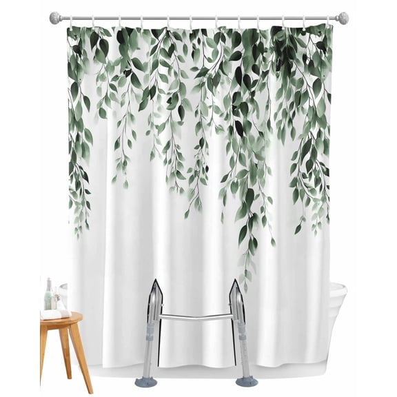 Split Shower Curtain for Transfer Bench, Green Eucalyptus Fabric Shower Curtains for Bathroom, Weeping Botanical Leaf Watercolor Tub Sliding Transfer Bench Waterproof Bath Curtains 72"x72"
