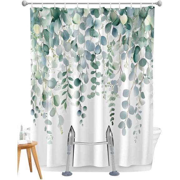 Split Shower Curtain for Transfer Bench, Green Eucalyptus Waterproof Fabric Shower Curtain, Botanical Leaves Summer Pastoral Tub Sliding Transfer Bench Shower Curtains for Bathroom 72'''' x 72''''