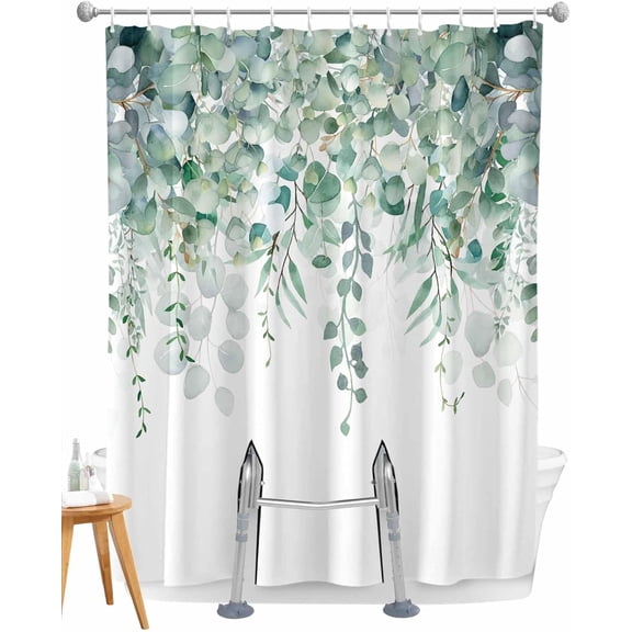 Split Shower Curtain for Transfer Bench, Green Eucalyptus Waterproof Fabric Shower Curtain, Spring Summer Botanical Floral Leaves Tub Sliding Transfer Bench Shower Curtains for Bathroom 72 x 72