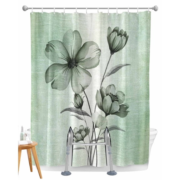 Split Shower Curtain for Transfer Bench, Green Floral Fabric Shower Curtains for Bathroom, Country Rustic Ombre Painting Art Watercolor Tub Sliding Transfer Bench Waterproof Bath Curtains 72"x72"