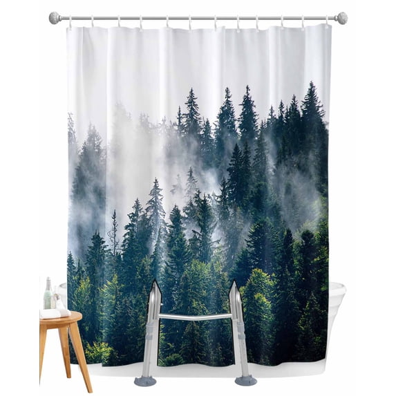 Split Shower Curtain for Transfer Bench, Green Forest Fabric Shower Curtains for Bathroom, Natural Landscape Modern Abstract Art Tub Sliding Transfer Bench Waterproof Bath Curtains 72"x84"