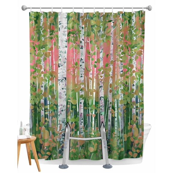Split Shower Curtain for Transfer Bench, Green Pink Botanical Fabric Shower Curtains for Bathroom, Contemporary Abstract Art Tub Sliding Transfer Bench Waterproof Bath Curtains 72"x72"