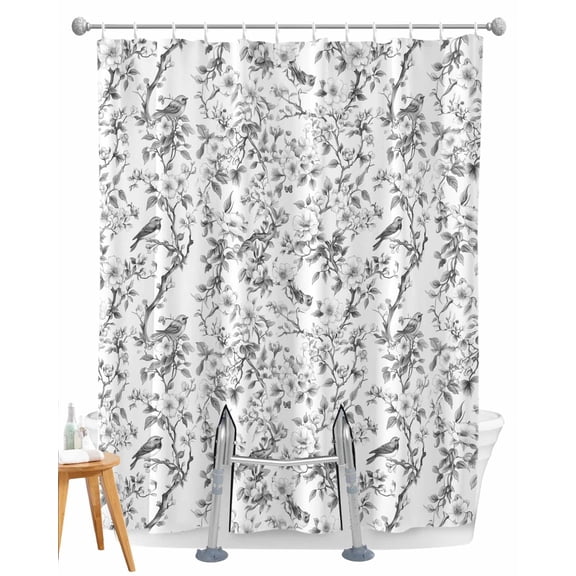 Split Shower Curtain for Transfer Bench, Grey Botanical Fabric Shower Curtains for Bathroom, Elegant Watercolor Botanical Birds Tub Sliding Transfer Bench Waterproof Bath Curtains 72"x72"