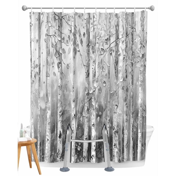 Split Shower Curtain for Transfer Bench, Grey Forest Fabric Shower Curtains for Bathroom, Modern Oil Painting Art Tub Sliding Transfer Bench Waterproof Bath Curtains 72"x96"