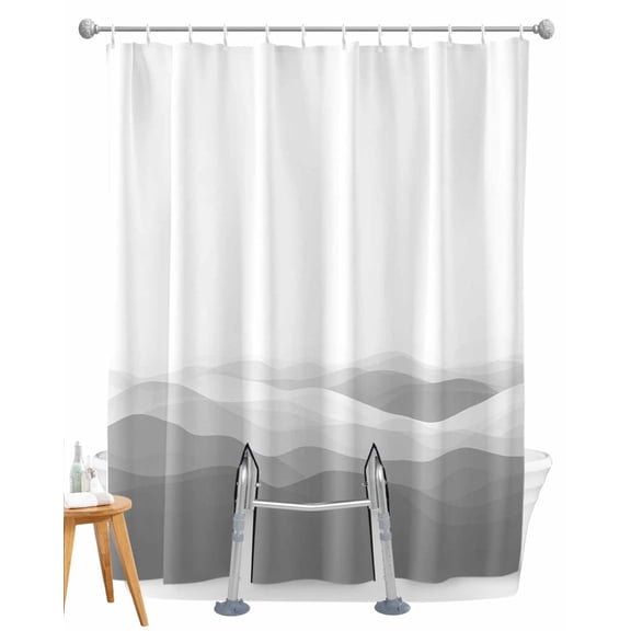 Split Shower Curtain for Transfer Bench, Grey Ombre Fabric Shower Curtains for Bathroom, Summer Minimalist Ocean Waves Tub Sliding Transfer Bench Waterproof Bath Curtains 72"x96"