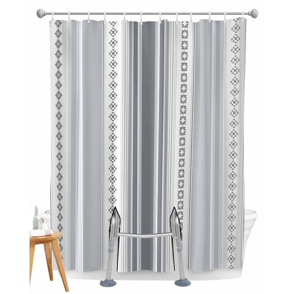 Split Shower Curtain for Transfer Bench, Grey Striped Fabric Shower Curtains for Bathroom, Modern Geometric Abstract Art Contemporary Tub Sliding Transfer Bench Waterproof Bath Curtains 72"x84"