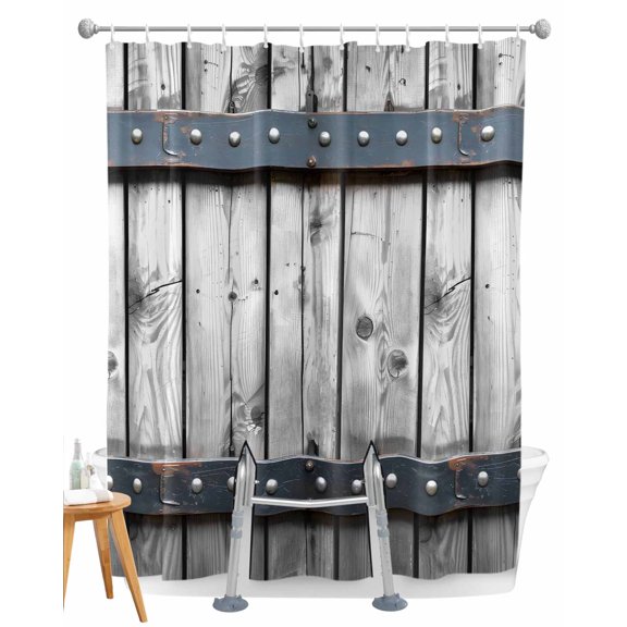 Split Shower Curtain for Transfer Bench, Grey Wood Grain Fabric Shower Curtains for Bathroom, Country Vintage Barn Door Rustic Lodge Tub Sliding Transfer Bench Waterproof Bath Curtains 72"x78"