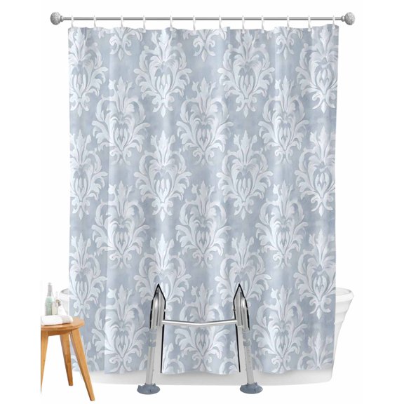 Split Shower Curtain for Transfer Bench, Haze Blue Boho Fabric Shower Curtains for Bathroom, Neutral Middle Century Turkish Pattern Tub Sliding Transfer Bench Waterproof Bath Curtains 72"x78"