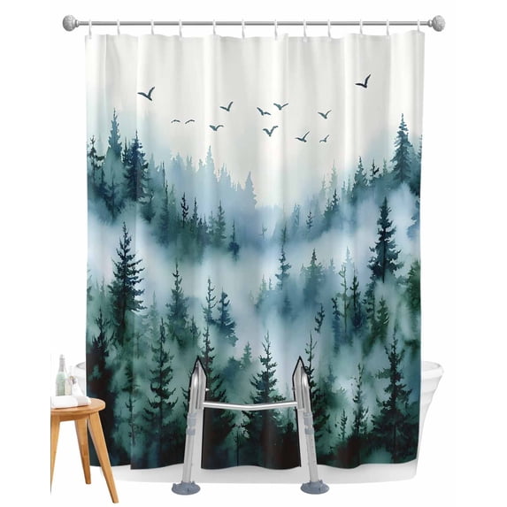 Split Shower Curtain for Transfer Bench, Ink Green Ombre Forest Fabric Shower Curtains for Bathroom, Abstract Art Watercolor Tree Tub Sliding Transfer Bench Waterproof Bath Curtains 72"x78"