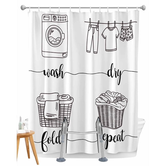 Split Shower Curtain for Transfer Bench, Laundry Room Fabric Shower Curtains for Bathroom, Cartoon Wash Dry Fold Repeat Simple Lines Art Tub Sliding Transfer Bench Waterproof Bath Curtains 72"x72"