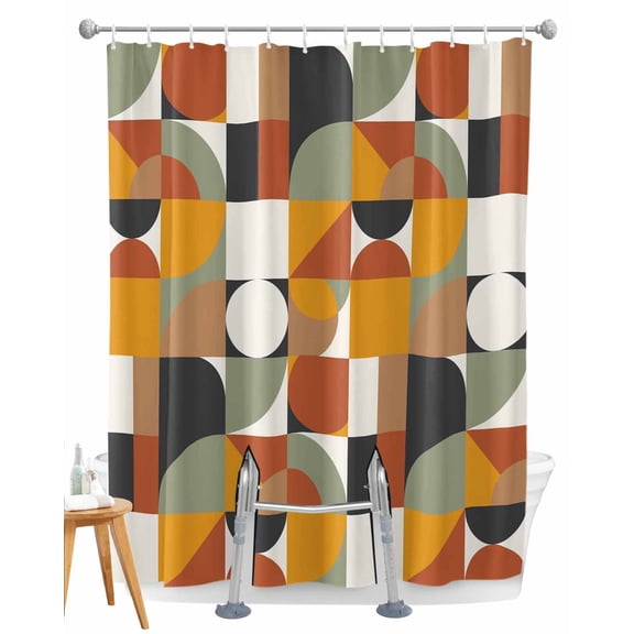 Split Shower Curtain for Transfer Bench, Luxurious Fabric Shower Curtains for Bathroom, Abstract Middle Century European American Colors Tub Sliding Transfer Bench Waterproof Bath Curtains 72"x72"