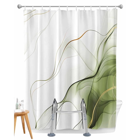 Split Shower Curtain for Transfer Bench, Marble Sage Green Fabric Shower Curtains for Bathroom, Gold White Modern Gradient Ocean Wavy Tub Sliding Transfer Bench Waterproof Bath Curtains 72"x72"