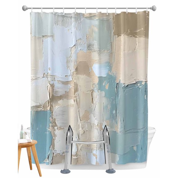 Split Shower Curtain for Transfer Bench, Modern Abstract Fabric Shower Curtains for Bathroom, Blue Brown Color Blocks Tub Sliding Transfer Bench Waterproof Bath Curtains 72"x72"