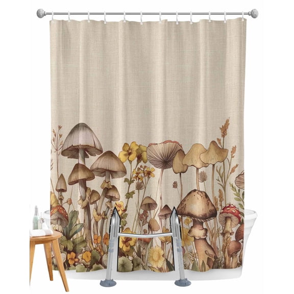 Split Shower Curtain for Transfer Bench, Mushroom Fabric Shower Curtains for Bathroom, Farmhouse Summer Botanical Floral Rustic Tub Sliding Transfer Bench Waterproof Bath Curtains 72"x72"