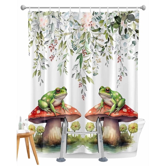 Split Shower Curtain for Transfer Bench, Mushroom Frogs Fabric Shower Curtains for Bathroom, Spring Floral Summer Eucalyptus Leaves Tub Sliding Transfer Bench Waterproof Bath Curtains 72"x72"