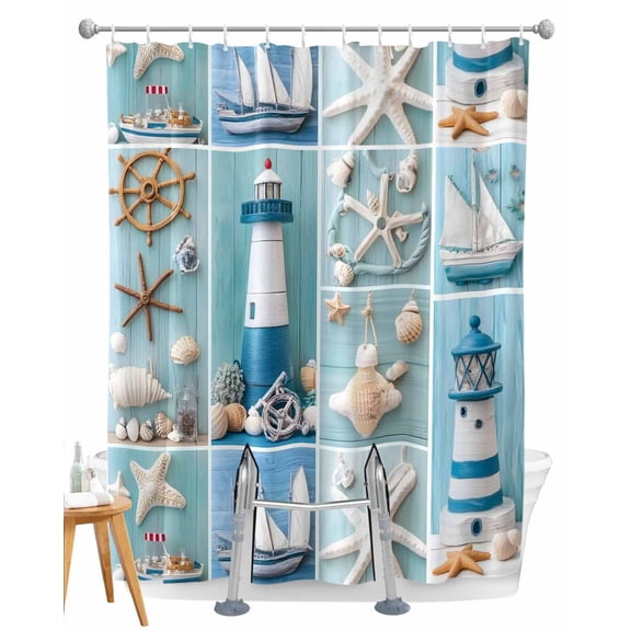 Split Shower Curtain for Transfer Bench, Nautical Lighthouse Fabric Shower Curtains for Bathroom, Ocean Starfish Anchor Sailboat Shell Tub Sliding Transfer Bench Waterproof Bath Curtains 72"x72"