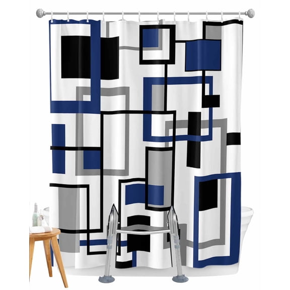 Split Shower Curtain for Transfer Bench,Navy Blue Black Grey Geometric Shower Curtains for Bathroom,Middle Century Modern Abstract Art Tub Sliding Transfer Bench Waterproof Bath Curtains 72"x96"
