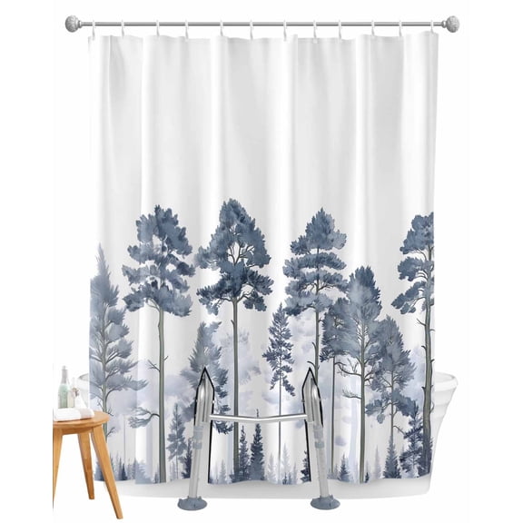 Split Shower Curtain for Transfer Bench, Navy Blue Botanical Fabric Shower Curtains for Bathroom, Watercolor Tree Tub Sliding Transfer Bench Waterproof Bath Curtains 72"x84"