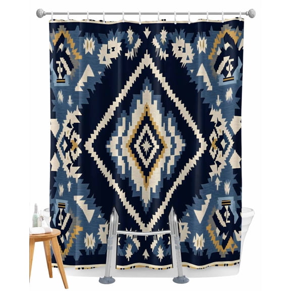 Split Shower Curtain for Transfer Bench, Navy Blue Brown Boho Fabric Shower Curtains for Bathroom, Vintage Geometric Southwestern Tub Sliding Transfer Bench Waterproof Bath Curtains 72"x72"