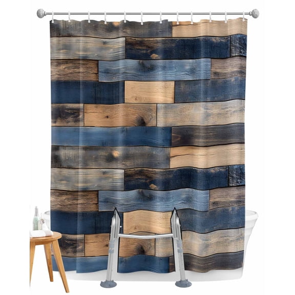 Split Shower Curtain for Transfer Bench, Navy Blue Brown Wood Fabric Shower Curtains for Bathroom, Farmhouse Vintage Wooden Tub Sliding Transfer Bench Waterproof Bath Curtains 72"x78"