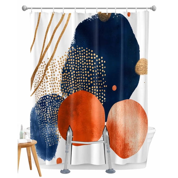 Split Shower Curtain for Transfer Bench, Navy Blue Burnt Orange Fabric Shower Curtains for Bathroom, Middle Century Modern Geometric Tub Sliding Transfer Bench Waterproof Bath Curtains 72"x96"