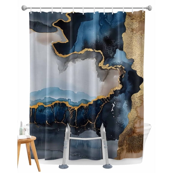 Split Shower Curtain for Transfer Bench, Navy Blue Fabric Shower Curtains for Bathroom, Abstract Color Block Vintage Modern Tub Sliding Transfer Bench Waterproof Bath Curtains 72"x72"