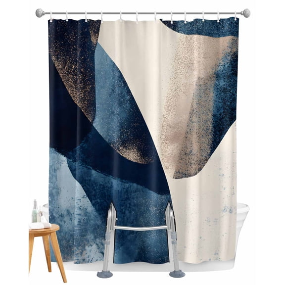 Split Shower Curtain for Transfer Bench, Navy Blue Geometric Fabric Shower Curtains for Bathroom, Modern Beige Abstract Art Tub Sliding Transfer Bench Waterproof Bath Curtains 72"x72"