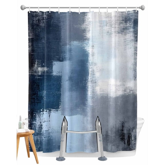 Split Shower Curtain for Transfer Bench, Navy Blue Grey Fabric Shower Curtains for Bathroom, Modern Ombre Oil Painted Abstract Art Tub Sliding Transfer Bench Waterproof Bath Curtains 72"x72"