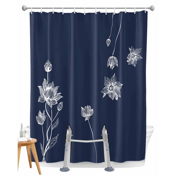 Split Shower Curtain for Transfer Bench, Navy Blue White Floral Fabric Shower Curtains for Bathroom, Abstract Art Summer Botanical Tub Sliding Transfer Bench Waterproof Bath Curtains 72"x72"