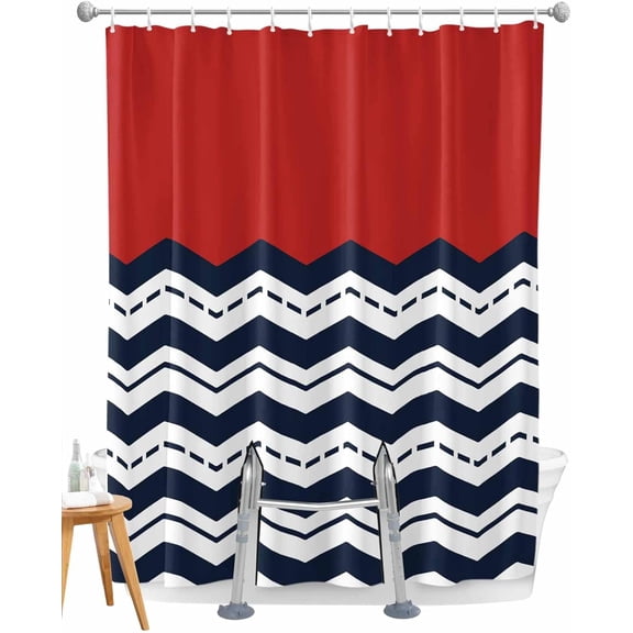 Split Shower Curtain for Transfer Bench, Navy Blue Zigzag Striped Waterproof Fabric Shower Curtain, Red Modern Geometric Art Tub Sliding Transfer Bench Shower Curtains for Bathroom 72'''' x 84''''