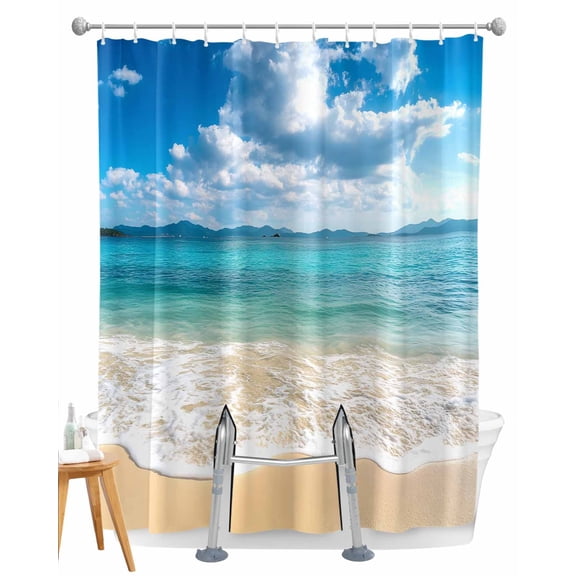 Split Shower Curtain for Transfer Bench, Ocean Beach Fabric Shower Curtains for Bathroom, Blue Sky Waves Sand Horizon Shore Summer Tub Sliding Transfer Bench Waterproof Bath Curtains 72"x72"