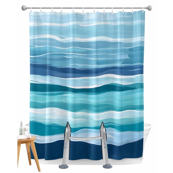 Split Shower Curtain for Transfer Bench, Ocean Beach Fabric Shower Curtains for Bathroom, Modern Blue Coastal Wave Oil Painting Art Tub Sliding Transfer Bench Waterproof Bath Curtains 72"x72"