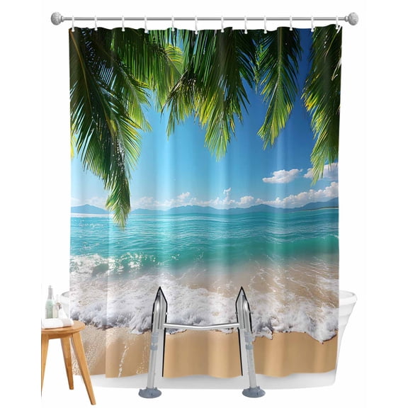Split Shower Curtain for Transfer Bench, Ocean Beach Fabric Shower Curtains for Bathroom, Palm Trees Summer Tropical Island Seaside Tub Sliding Transfer Bench Waterproof Bath Curtains 72"x72"