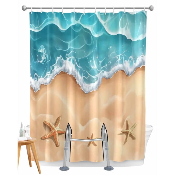Split Shower Curtain for Transfer Bench, Ocean Beach Fabric Shower Curtains for Bathroom, Starfish Sea Waves Coastal Seaside Sand Tub Sliding Transfer Bench Waterproof Bath Curtains 72"x72"