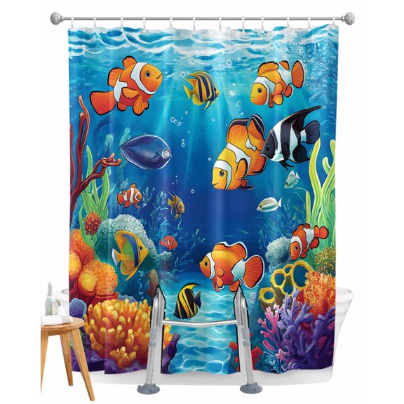 Split Shower Curtain for Transfer Bench, Ocean Coral Fish Fabric Shower Curtains for Bathroom, Colorful Underwater World Seagrass Tub Sliding Transfer Bench Waterproof Bath Curtains 72"x72"