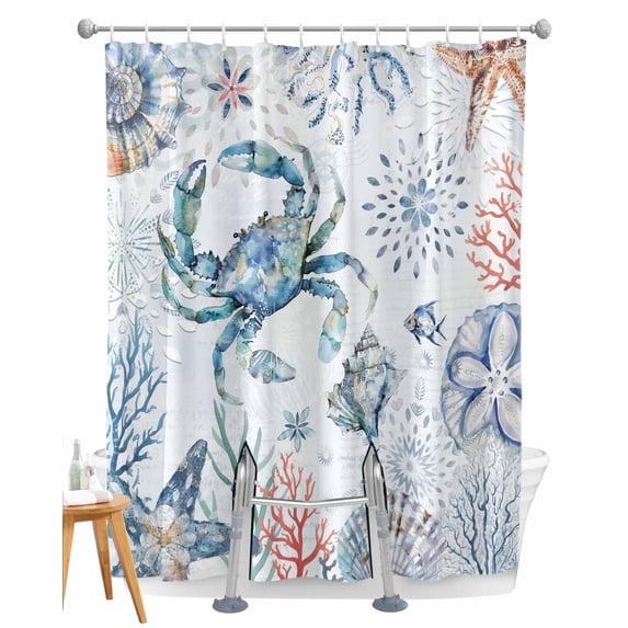 Split Shower Curtain for Transfer Bench, Ocean Crab Fabric Shower Curtains for Bathroom, Summer Coastal Coral Flower Shells Tub Sliding Transfer Bench Waterproof Bath Curtains 72"x96"