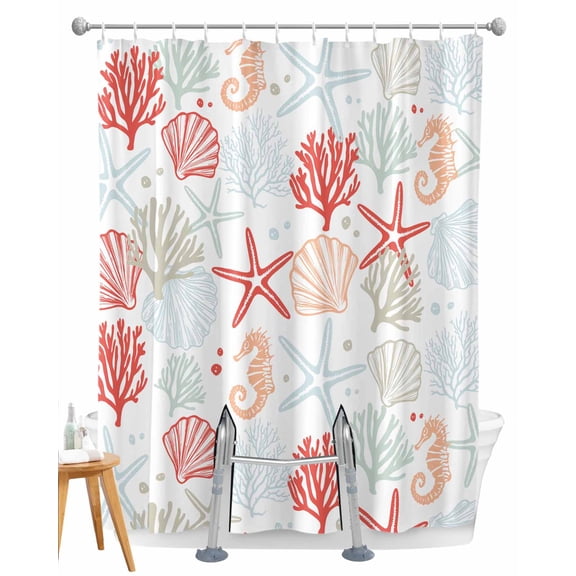 Split Shower Curtain for Transfer Bench, Ocean Orange Red Fabric Shower Curtains for Bathroom, Coastal Starfish Coral Shell Marine Tub Sliding Transfer Bench Waterproof Bath Curtains 72"x72"